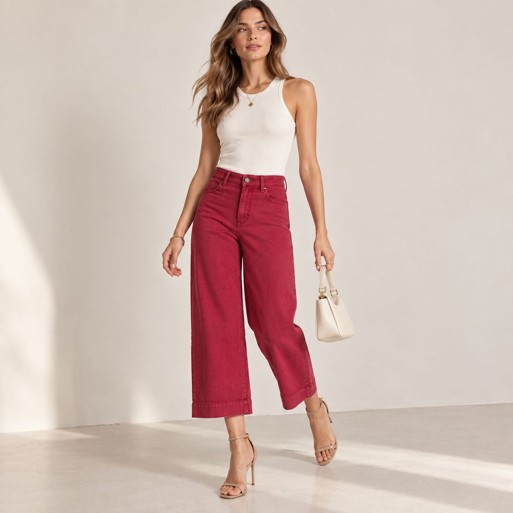 MADEWELL Women's Pants 28 Red Cotton Wide Leg Crop High Rise J8985